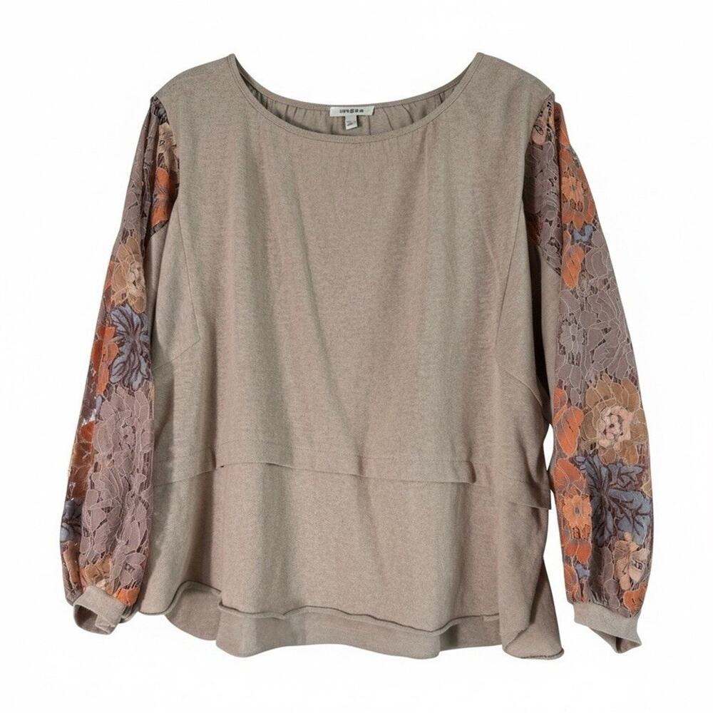 Umgee Beige Floral Lace Balloon Sleeve Tunic Blouse S Spring Summer Preppy